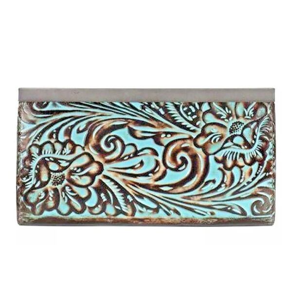 Patricia Nash NWT CAUCHY Wallet Italian Leather Tooled Turquoise Brown NEW - Picture 2 of 12
